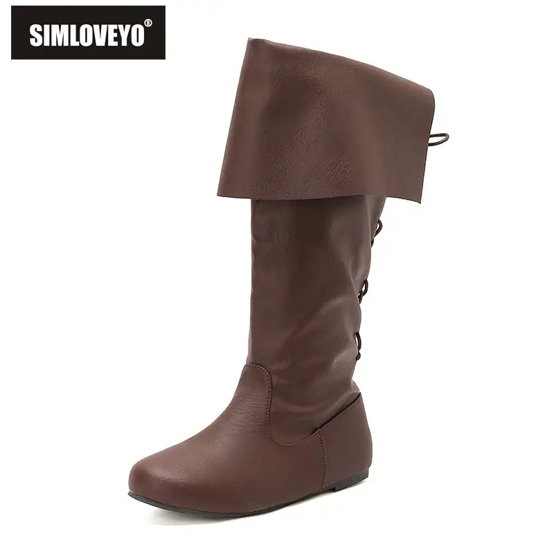 

SIMLOVEYO 2025 дизайнерские женские складные туфли до колена на плоской подошве с круглым носком, большие размеры на шнуровке 42, 44, 46, женские повседневные зимние туфли для отдыха