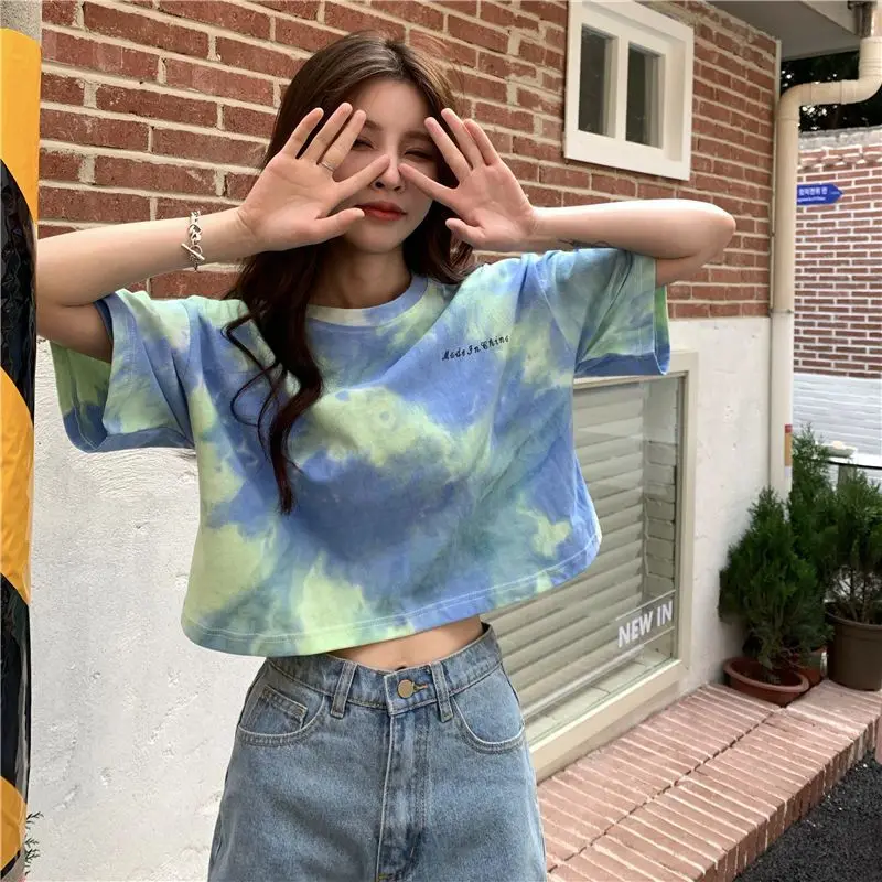 Tie Dyed Contrast Color Short T Shirt for Women 2024 Fashion Loose Letter Top