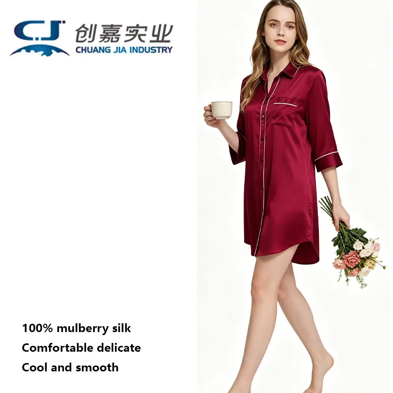 High-end Natural Silk Women's Seven-quarter Sleeve Shirt Navy Blue Silk Home Casual Wear Comfortable Cool Pajamas Spring Summer