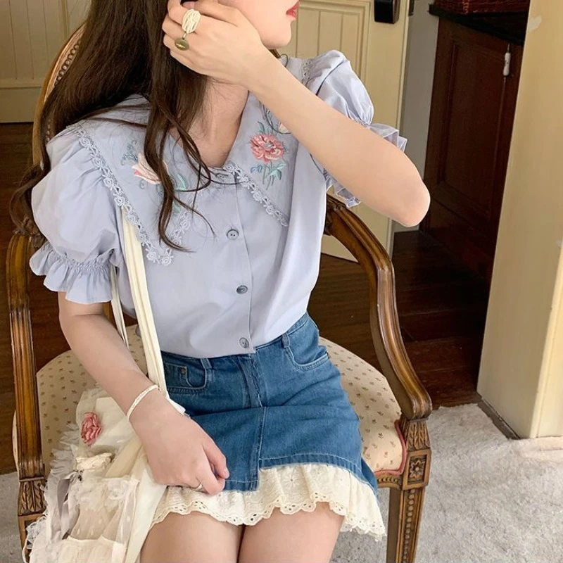 French Vintage Shirt Women Summer New Cute Embroidered Lace Tops Girls Sweet Loose Versatile Blouse Female