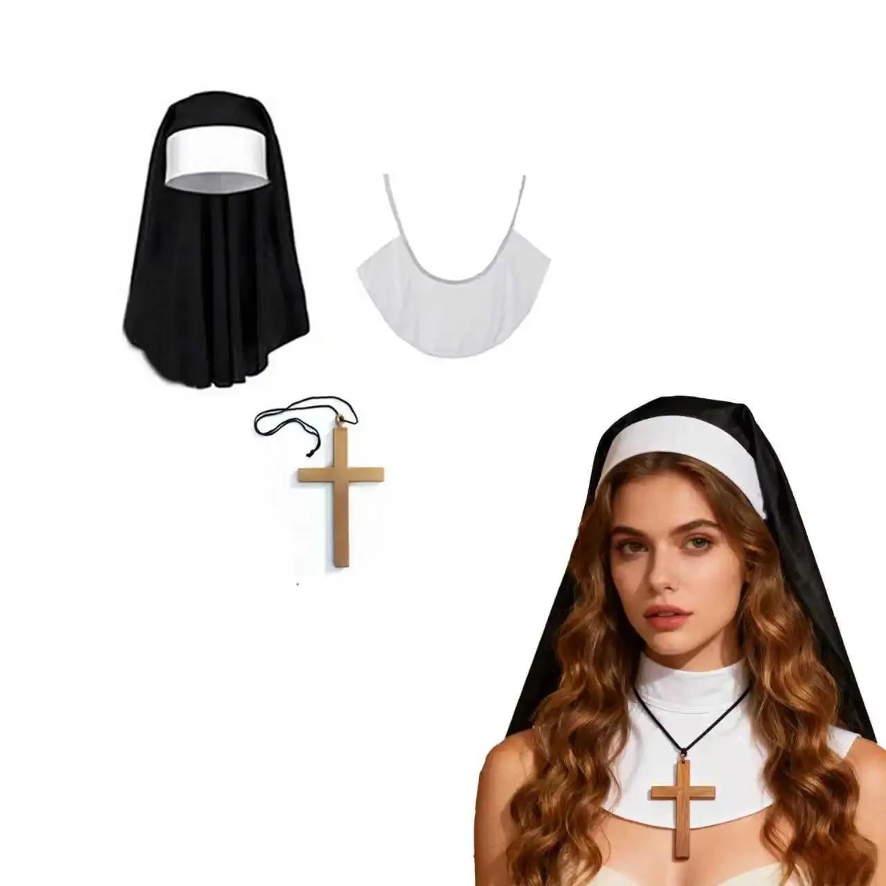 6 Styles Nun Costume Accessories Set, Nun Habit Headpiece & Cross Necklace for Halloween Cosplay