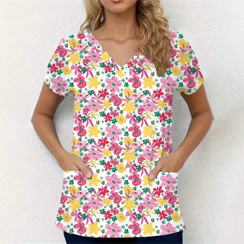 Scrubs Medical Uniforms Woman Fashion Floral Print Dental Nurse Tops V-Neck Short Sleeve Patch Pocket Tees Nurse Uniform Woman