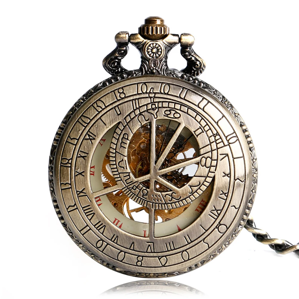 

Constellation Pattern Bronze Mechanical Hand-Winding Pocket Watch Vintage Gift Pocket Chain Pendant Timepiece Roman Numeral Dial