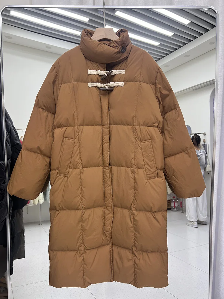 سترة نسائية بأزرار على شكل قرن البقر طراز طويل 2025 النسخة الكورية الجديدة بياقة واقفة وسترة سميكة من ريش البط الأبيض #1