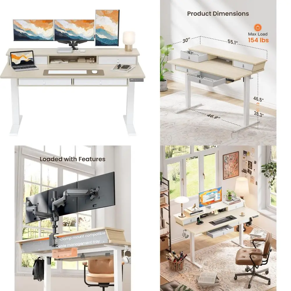 مكتب بارتفاع قابل للتعديل مع 4 أدراج، 55 بوصة × 30 بوصة، مساحة تخزين، متوافق مع مشبك C #1