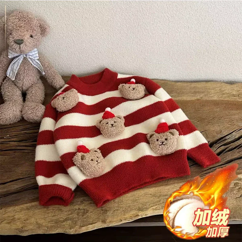 Girls Christmas Sweater Autumn Winter Thickened Plus Velvet Warm Knitwear Children Red Knitted New Year Bear Top Xmas Costumes