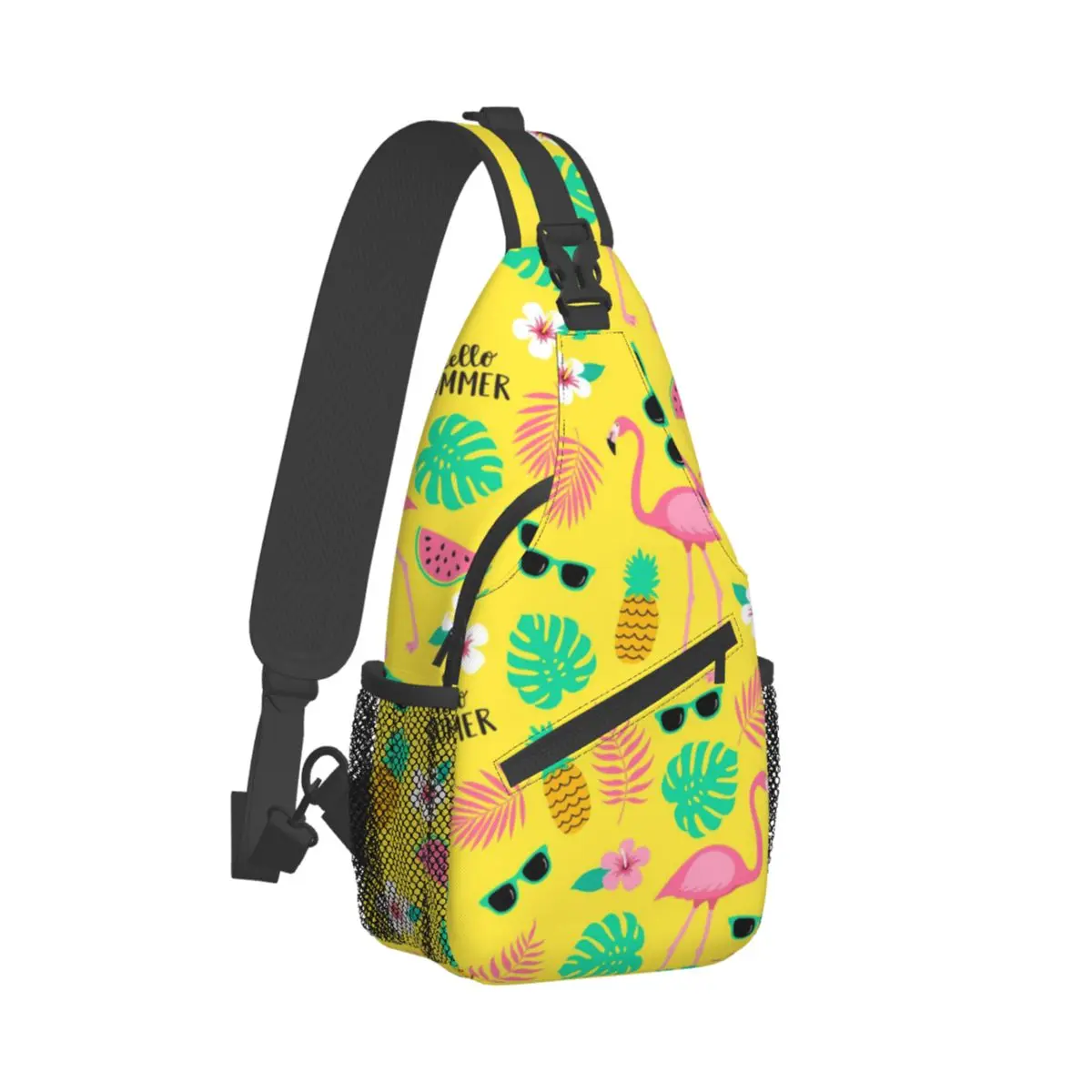 Flamingos And Palm Leaves Sling Chest Crossbody Bag Men Fashion Tropical Pineapple Pattern Shoulder Backpack for Travel Cycling