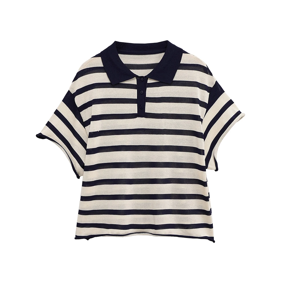 

2025 new women's clothing European and American style casual temperament versatile striped simple polo shirt knitted short top