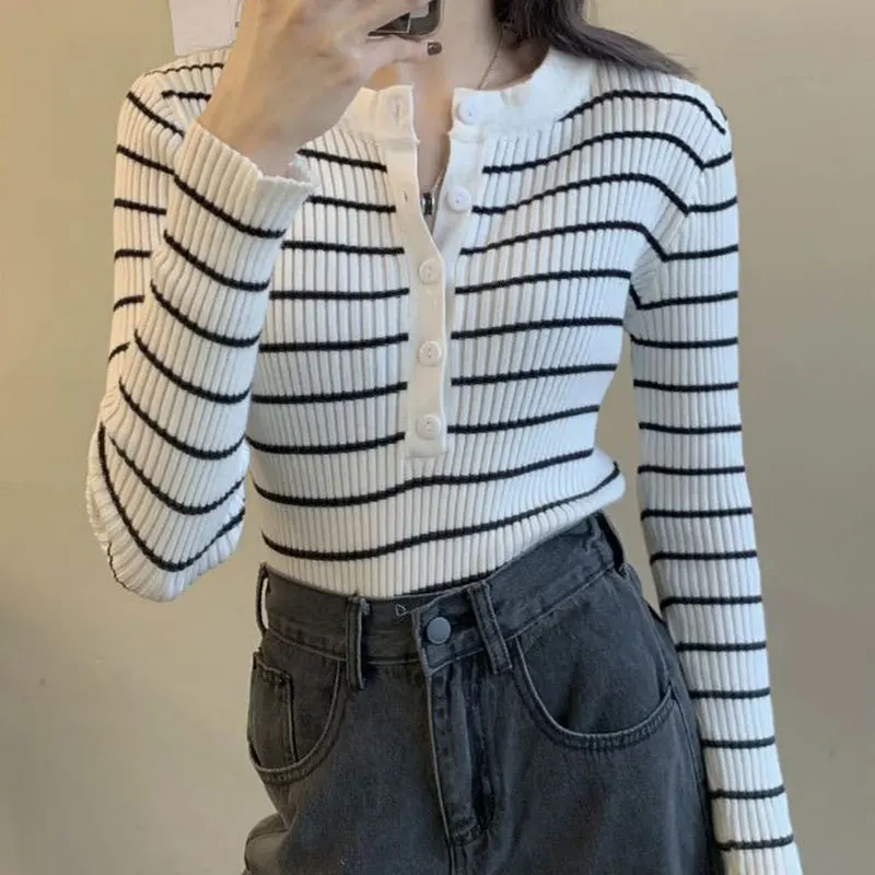 2024 New Autumn and Winter Women\'s Fashion Knitwear Women Slim Fit Base Shirt Women Striped Long Sleeve T-Shirt Top