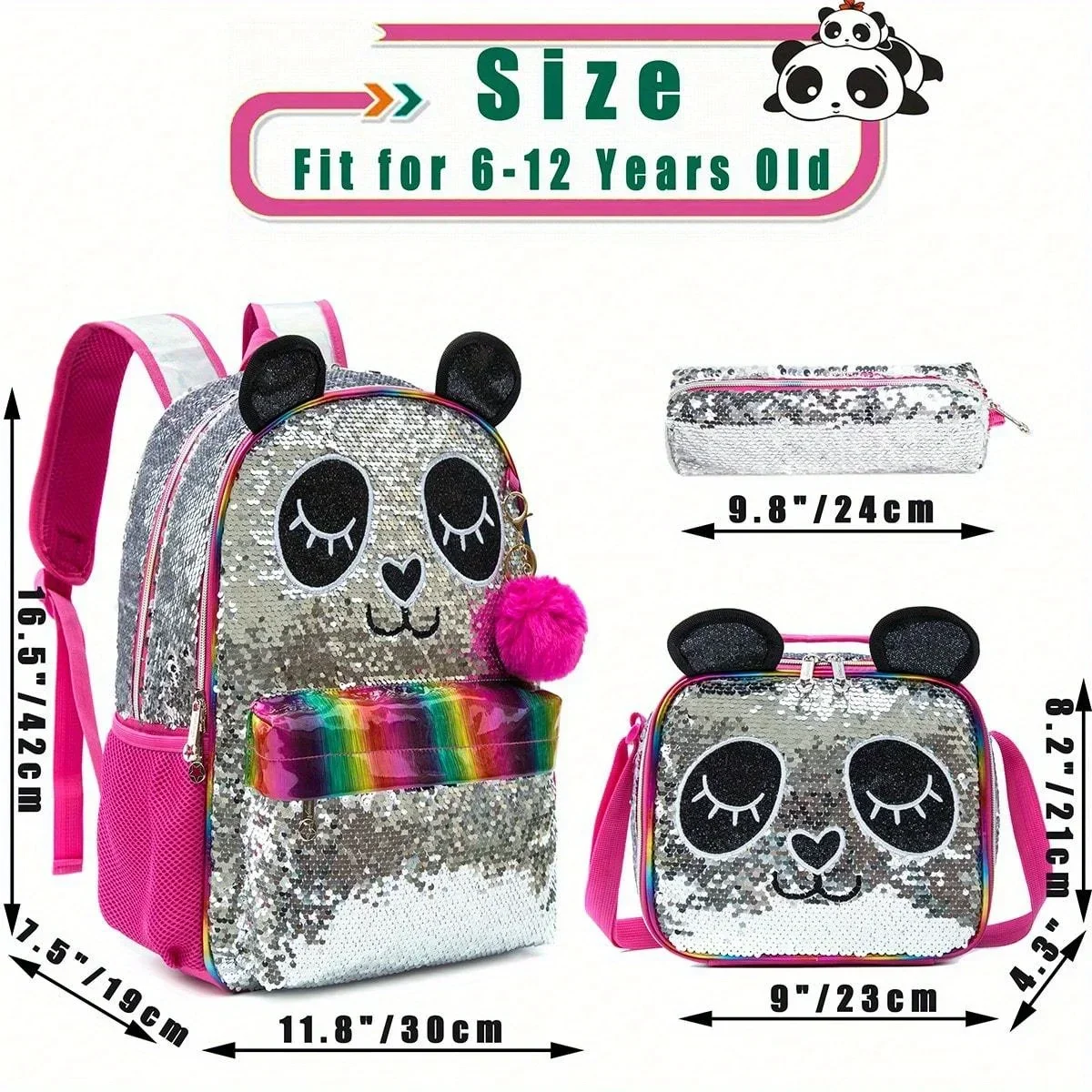 3PCS School Backpacks for Girls, Girls Backpacks with Lunch Box and Pencil Bag, Pink Kids Backpack for School, Travel, Picnic