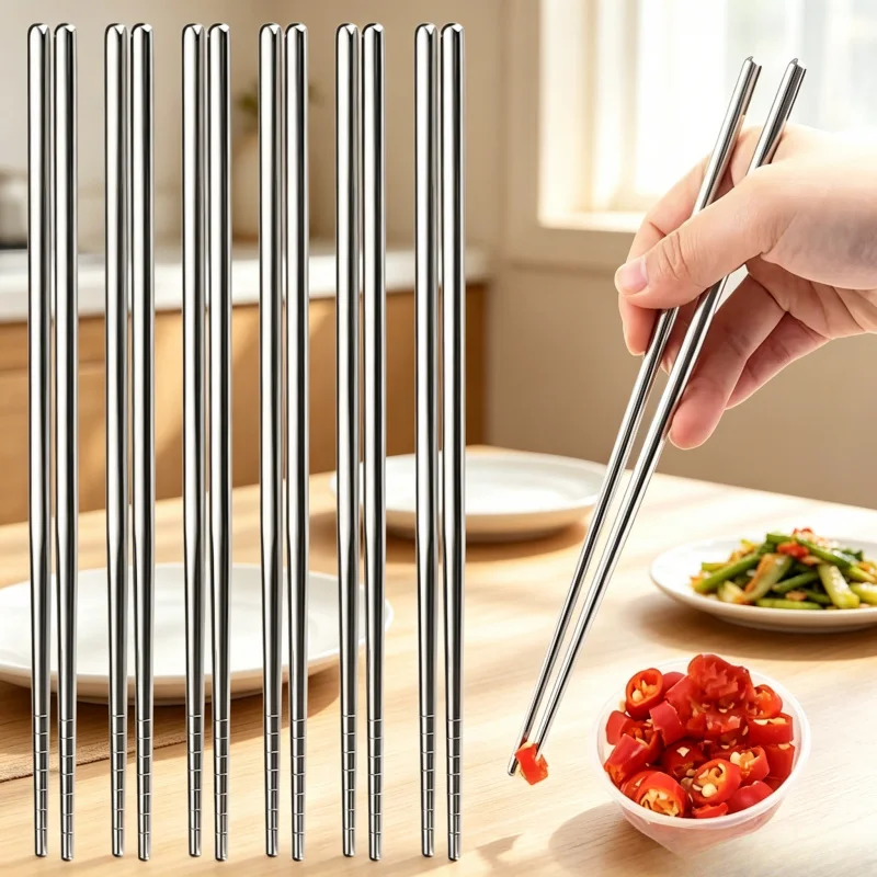 Juego de 5/10 Pares de Palillos de Acero Inoxidable Antideslizantes, Estilo Chino, Coreano, Japonés, para Sushi, Comida, Cocina y Mesa