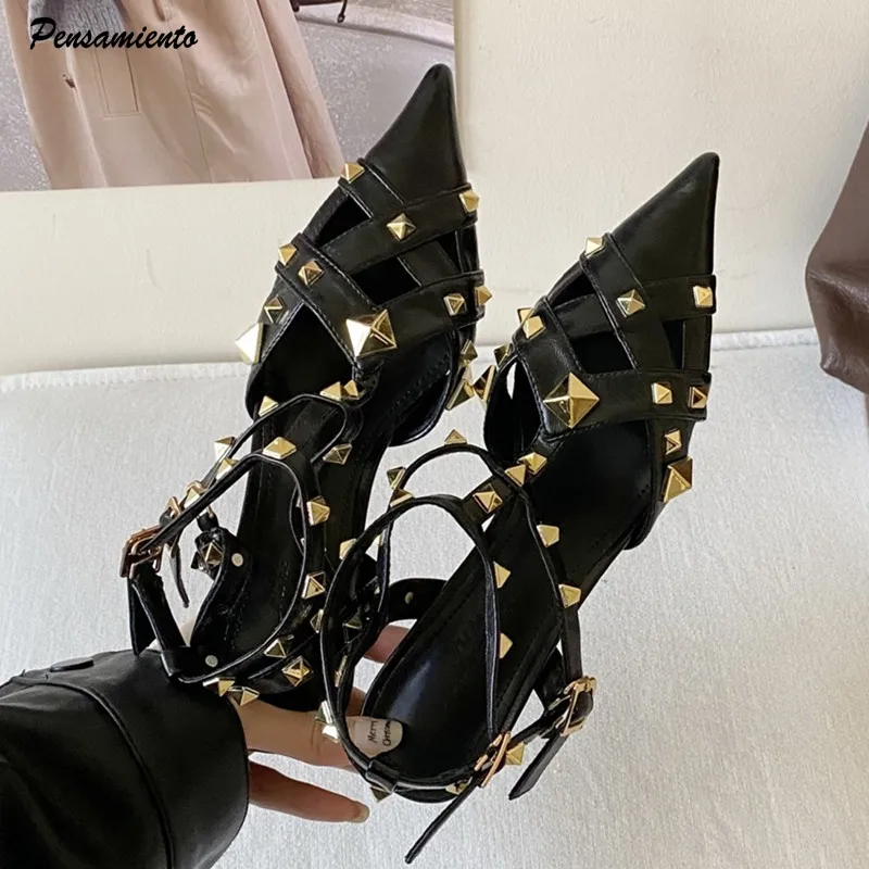 

Модные женские туфли-лодочки с заклепками и вырезами, сексуальные туфли Мэри Джейн с ремешком на щиколотке и пряжкой, летние туфли на высоком каблуке в уличном стиле, повседневная женская обувь для платьев