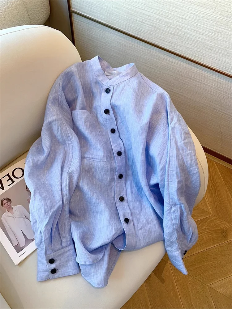 Blusa de Lino Entallada Azul con Cuello Csero, Estilo Premium para Mujer, Otoño, Primavera, Cálida, Manga Larga, Moda Coreana