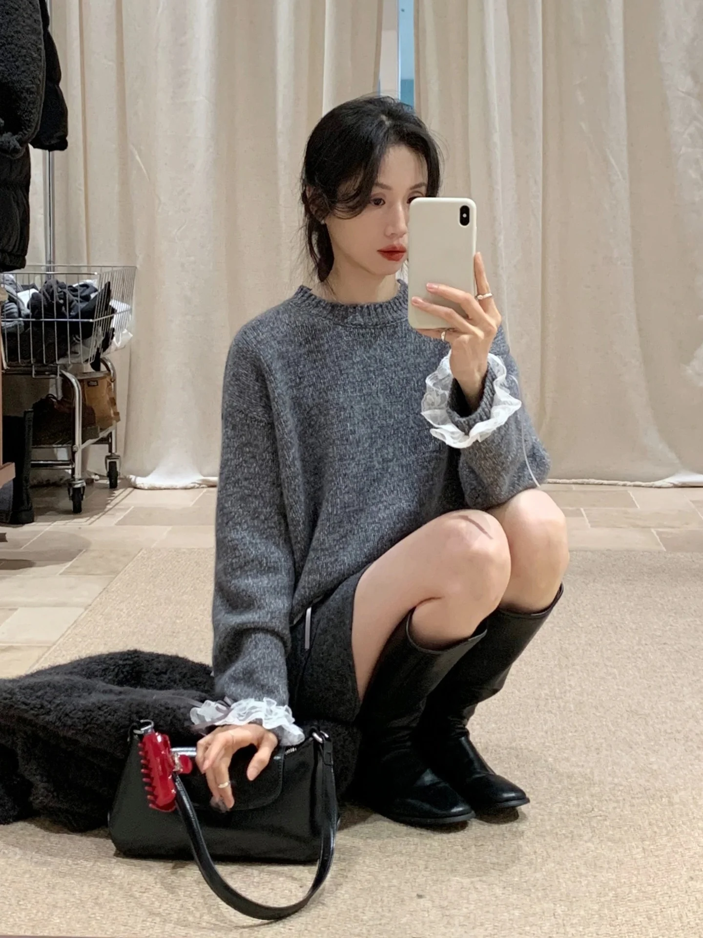 

Korean Sle ey Spliced Lace Trim Wool Knitted Sweater Women's Autumn Winter Sweet Soft Design Sense Top Loose Fit Long Sve