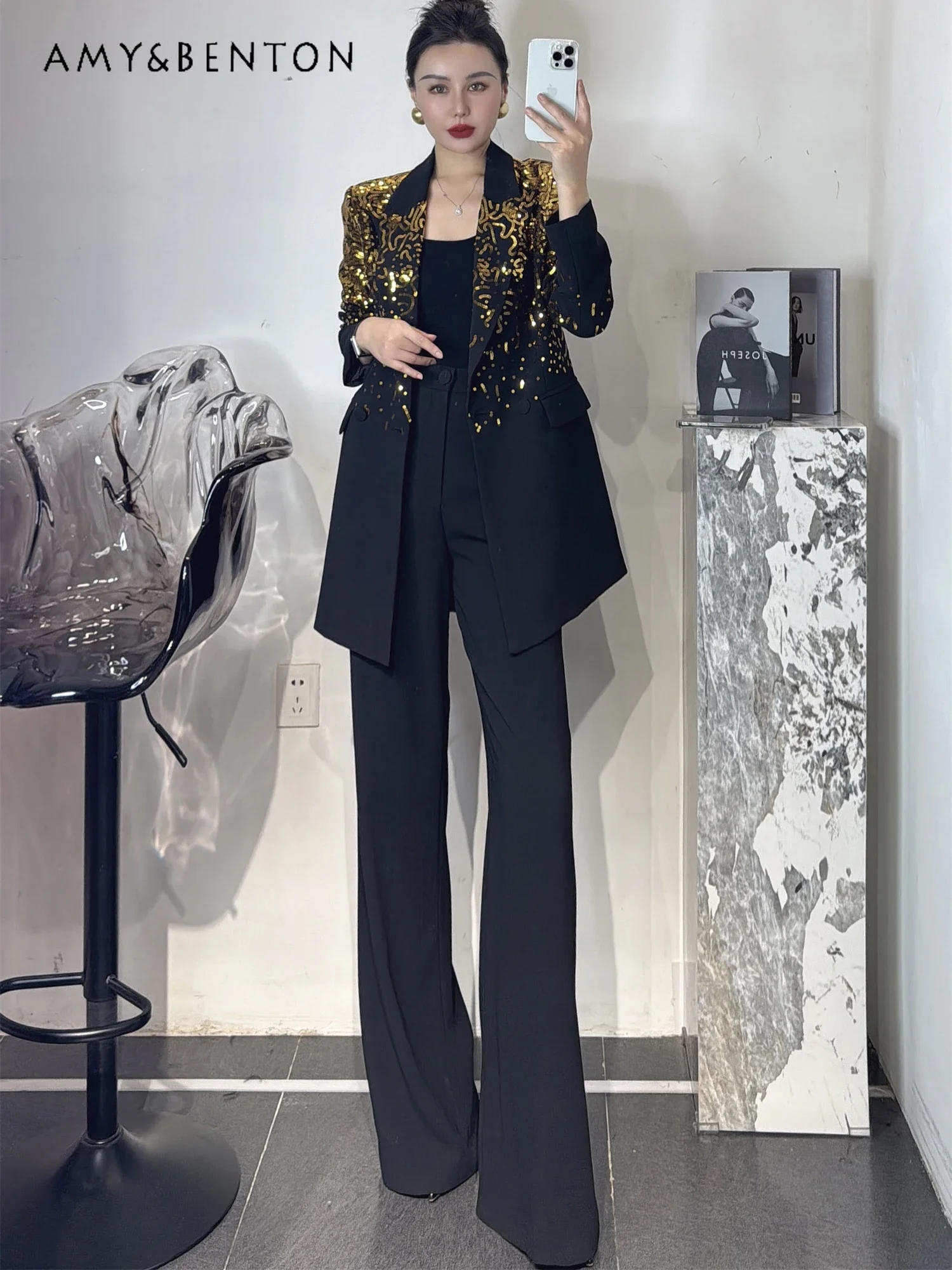 

Commuter Style Temperament Ladies Fashion Suit Women High Sense Heavy Industry Sequined Suit Wide Leg Pants OL Two-piece Set