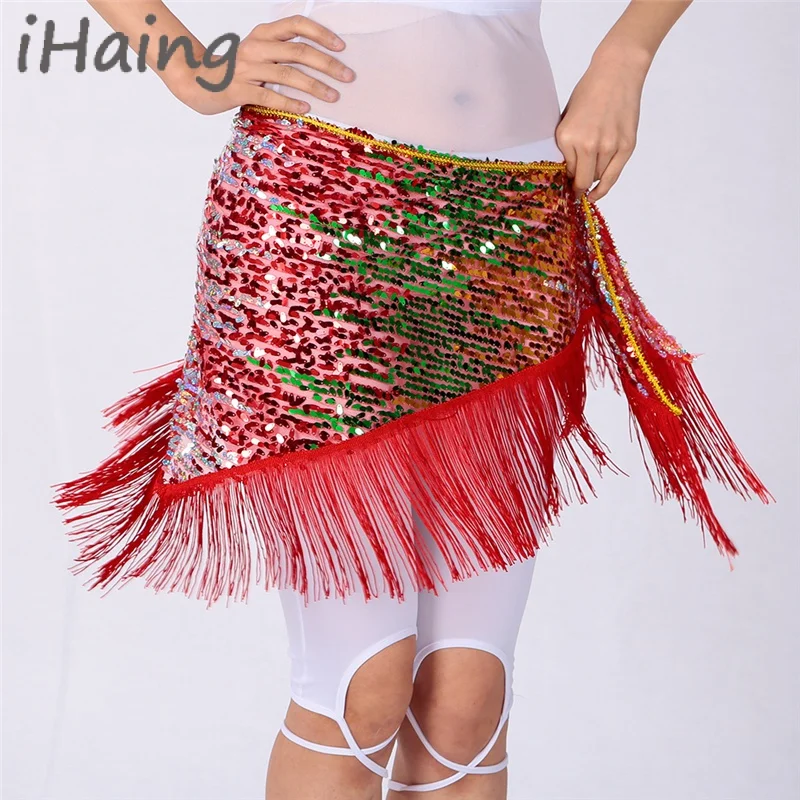 Women Adjustable Sequins Glittery Belly Dance Hip Scarf Tassel Fringe Dancewear Tribal Indain Practice Dancing Skirt Wrap Belt C