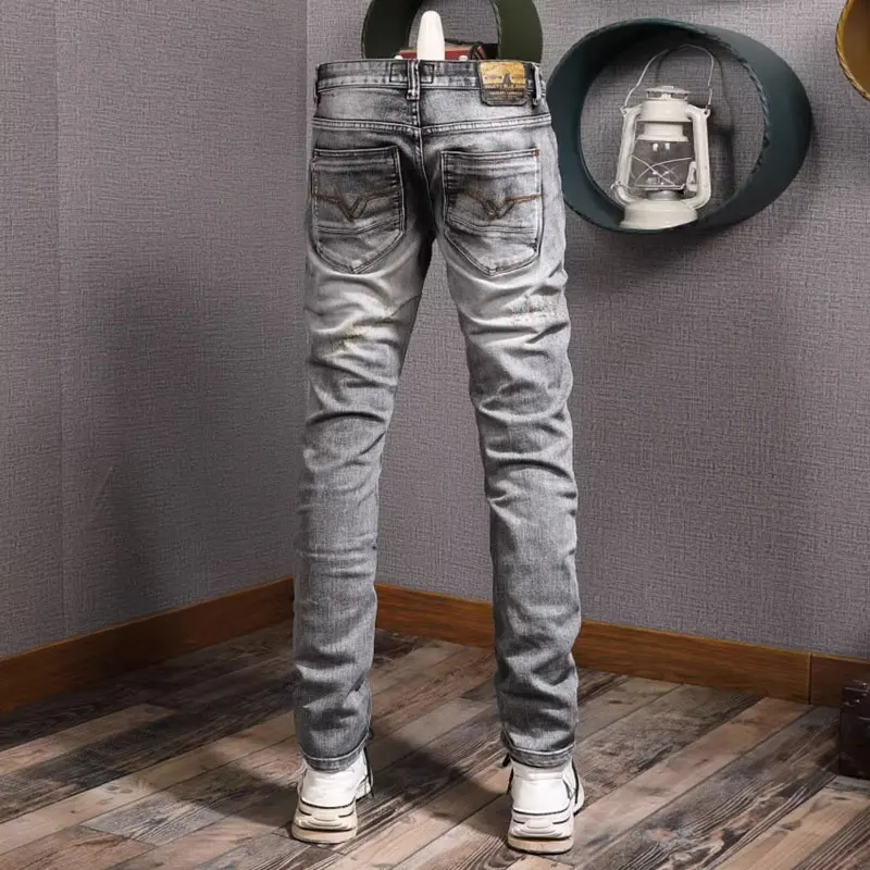 Newly Designer Fashion Men Jeans High Quality Retro Gray Stretch Slim Fit Ripped Jeans Men Embroidery Vintage Denim Pants Hombre