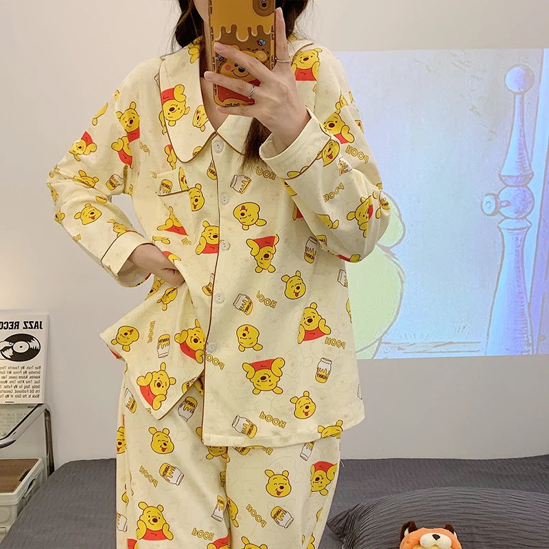 Cartoon Disney pajamas, autumn cotton long-sleeved trousers casual loose Winnie the Pooh loungewear women\'s pajamas set