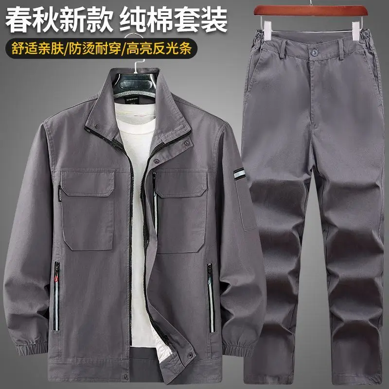 Men's Spring Autumn Pure Workwear Set Anti scald Wear Resistant Reflective Stripe Uniform For Welding Auto Repair Construction