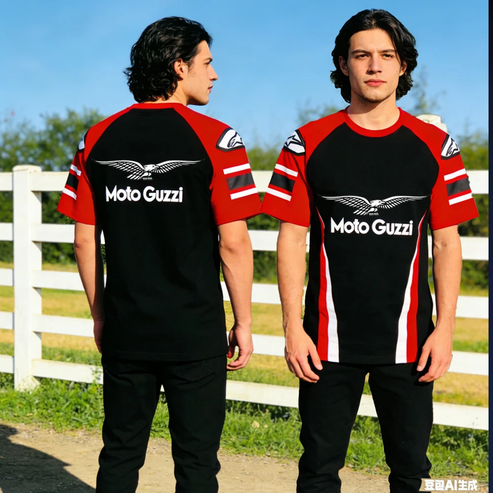 

Модная мужская повседневная футболка для мотоциклистов: стильный дизайн Moto Guzzi и гоночные полосы, дышащая, с коротким рукавом
