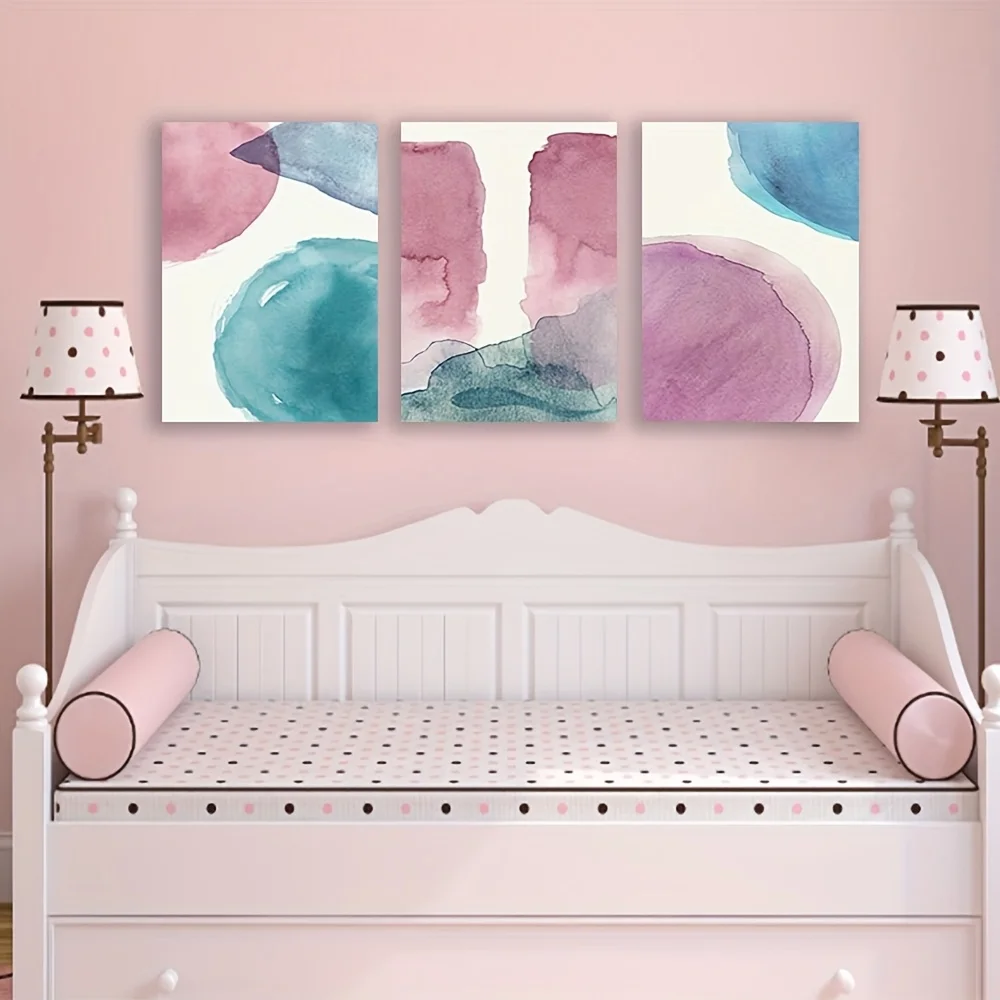 3pcs Modern Watercolor Abstract Wall Art Set - Soft Pastel Pink, Turquoise Blue, Lavender Purple & Mint Green Canvas Prints,
