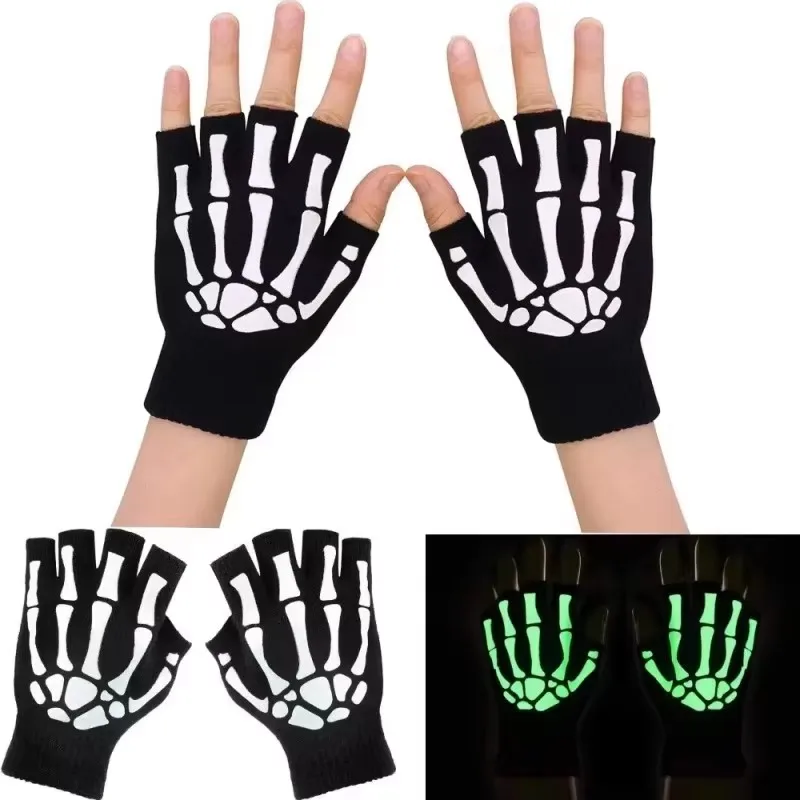 1/3/6pairs Halloween Skeleton Skeleton Half Finger Gloves Shine In The Dark, Fingerless Elastic Knitted Winter Finger Gloves