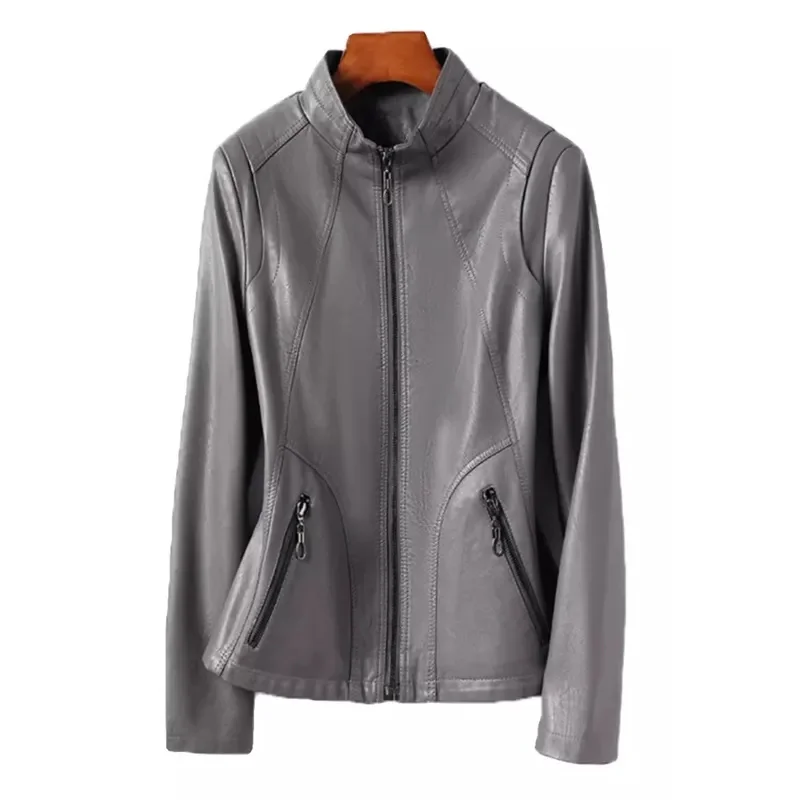 Korean Female Stand Collar Leather Tops Spring Autumn Women Sheep Skin Coat  2024 Ladies Large Size 3XL Genuine Leather Jacket