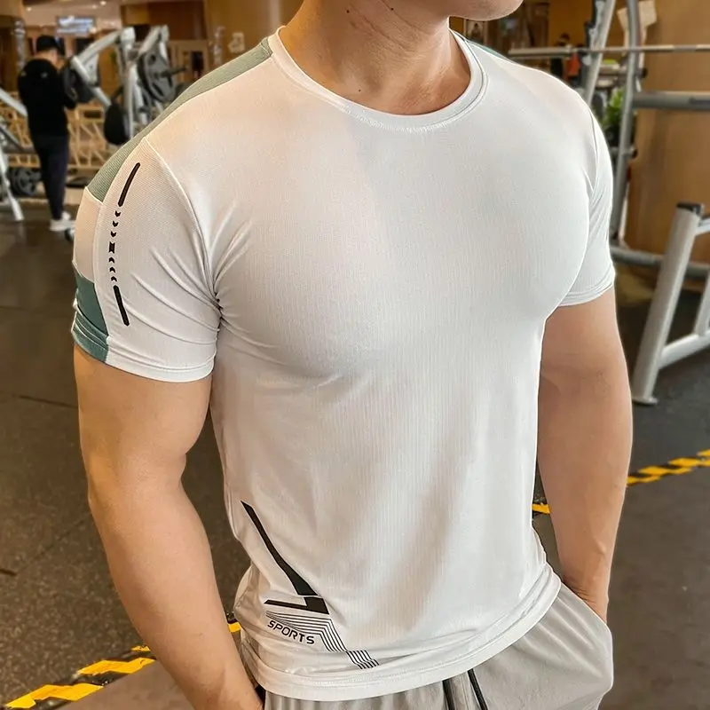 

Спортивная мужская футболка для фитнеса с короткими рукавами, летняя дышащая, быстросохнущая, впитывающая пот, футболка для тренировки мышц для бега, тренерский топ