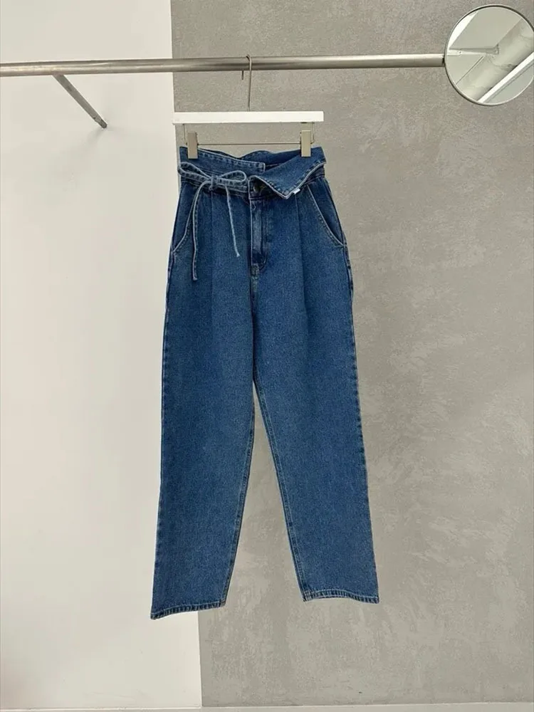 Women High Waist Loose Denim Pants Spring Summer Flip Waist Collar Strap Straight Harlan Jeans Long Pant Streetwear Y2K Trousers