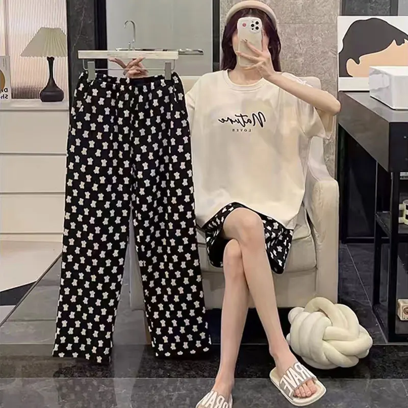 New Pajamas Homewear Three-Piece Suit Women\'s Summer Short-Sleeved Long Pants Simple Casual Large Size Pajamas Homewear