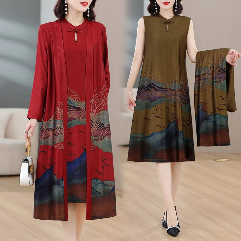 

2023 Autumn/Winter New Silk Velvet Long Dress Two Piece Set Loose Large O-Neck Retro Print Windbreaker Knee Length Dress Set