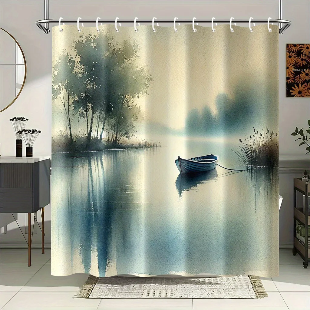 

Lake View Shower Curtain Waterproof Fabric Bathroom Curtains Boat on Water Bath Screen Divider Home Decor With Hooks
