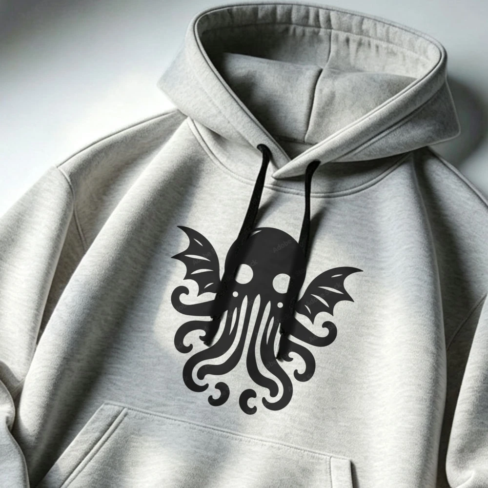 Sudadera con Capucha con Estampado de Silueta Negra de Cthulhu Alado y Pulpo, Estilo Gótico Oscuro, Sudadera con Capucha de Estética de Terror Oculto