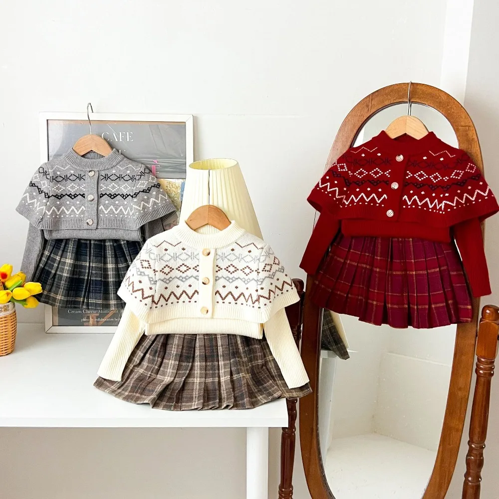 2026 New Autumn Winter Girls 2-Piece Outfit, Korean Style Round Neck Fair Isle Shawl Plaid Dress Set, Stylish Baby Girl Clothing