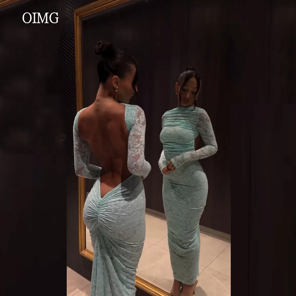 

OIMG Sexy Lace Mermaid Prom Gowns Long Sleeves Backless Party Gown Ankle Length Evening Dress vestidos de gala Customized