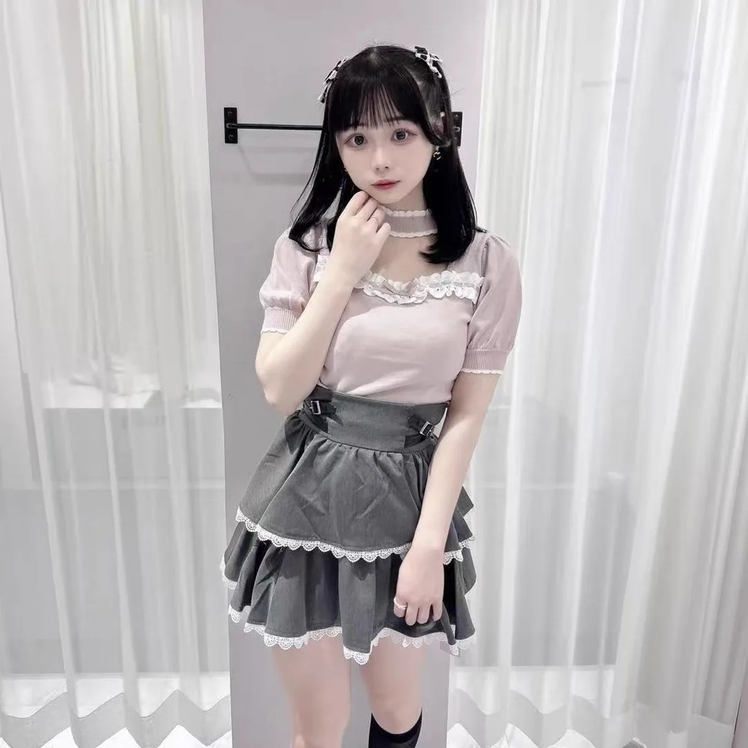 Style japonais élégant doux broderie volants Patchwork arc creux col carré manches bouffantes décontracté tricoté T-Shirts hauts femmes