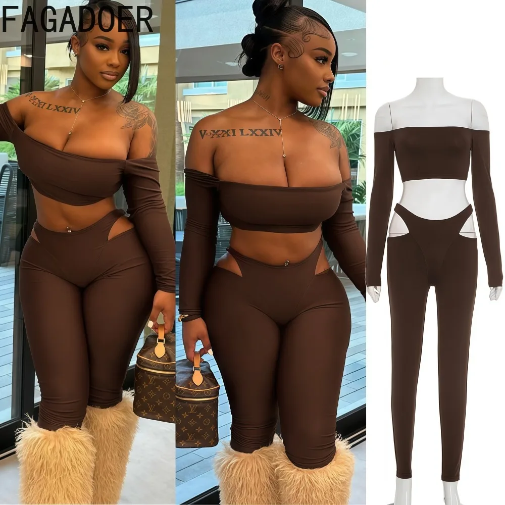 FAGADOER – ensemble 2 pièces ajouré pour femme, tenue Sexy, couleur unie, haut court + pantalon slim, Streetwear assorti