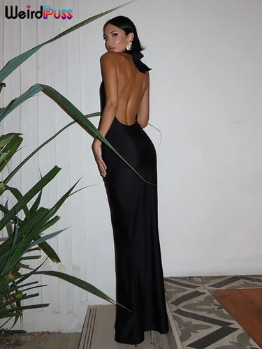 Imagen 2 del producto Vestido extraño con cuello Halter y espalda descubierta para mujer, tendencia de verano, elegante, con abertura lateral, escote en V profundo, ceñido largo, fiesta de medianoche, Vestidos fruncidos