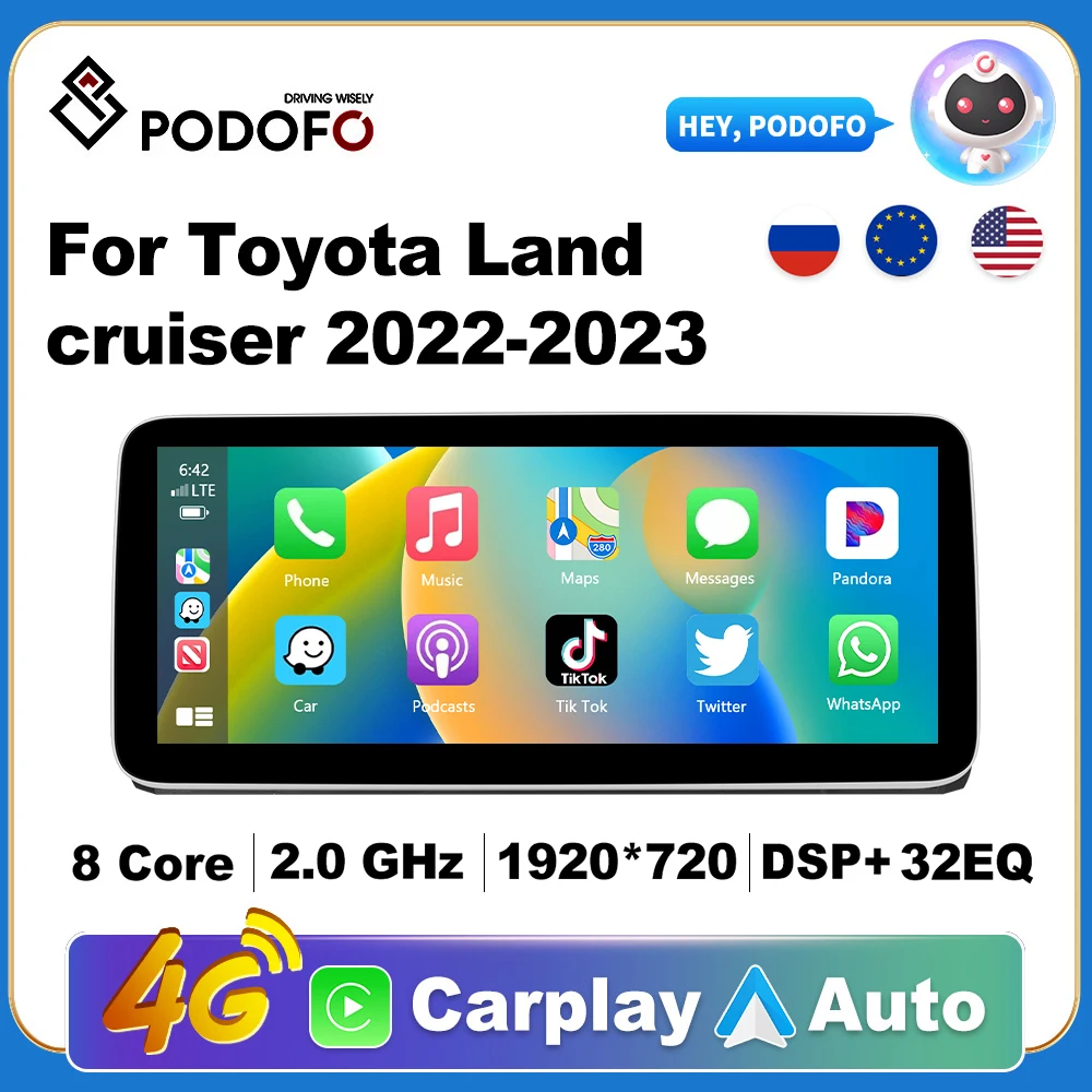 Podofo Wireless CarPlay Andorid Auto Car Radio For Toyota LAND CRUISER 2022-2023 AI Vioce Multimedia GPS 2din autoradio