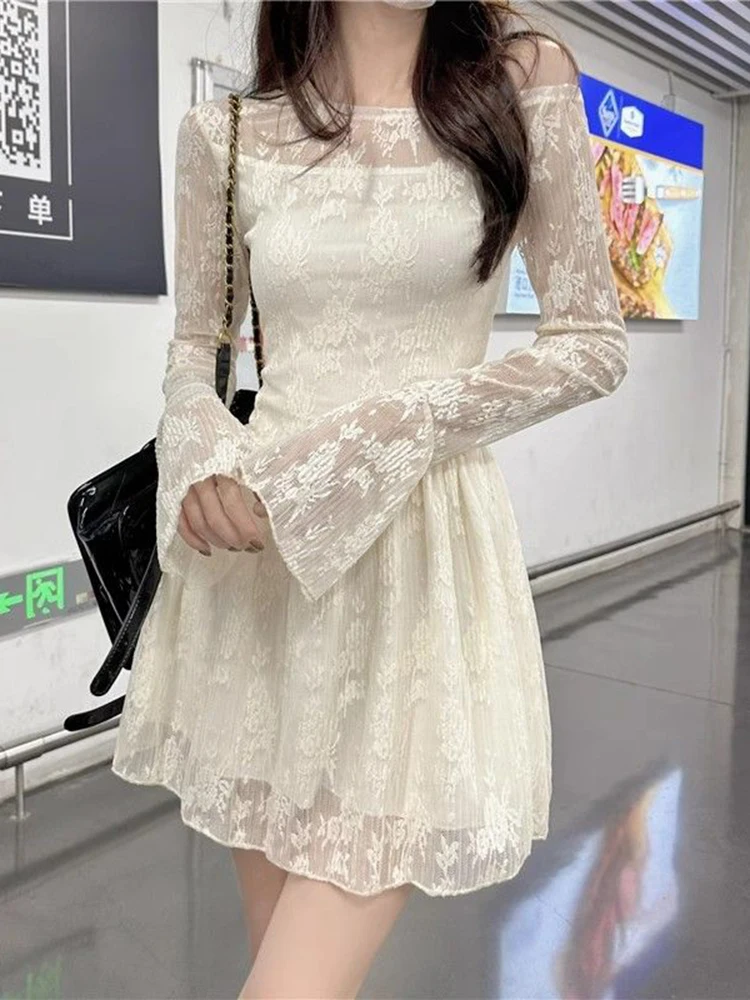 Sweet Mini Dress Women Fall Fashion Long Sleeve Lace Dress Apricot One Shoulder Sheer Party Dress for Small Girl