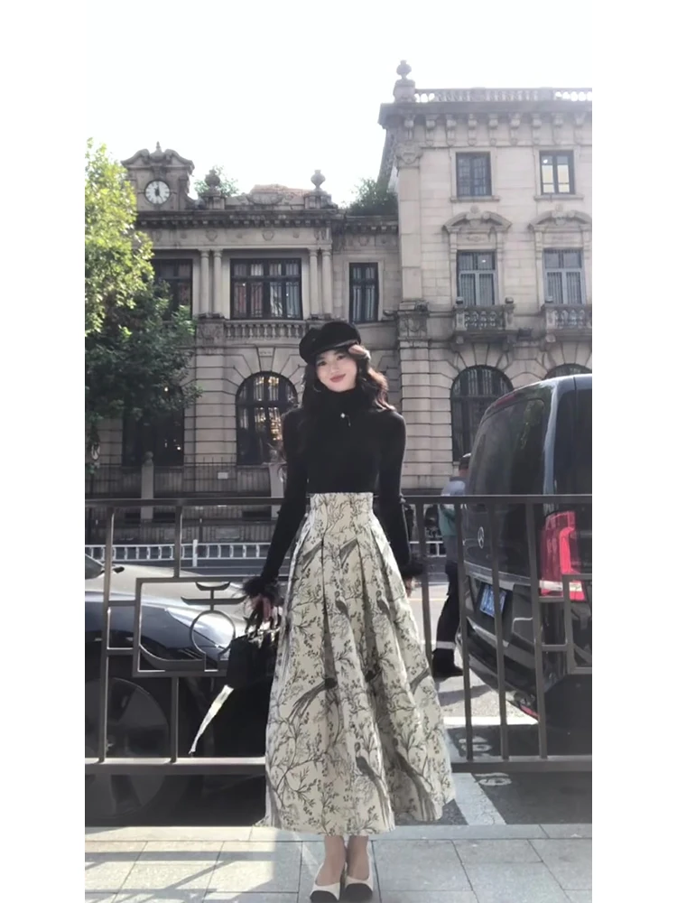 Elegant Floral Bird Ink Painting Print A-Line Midi Skirt Women's High Waist Embroidery Long Skirt Cleanfit MARIE  Brand
