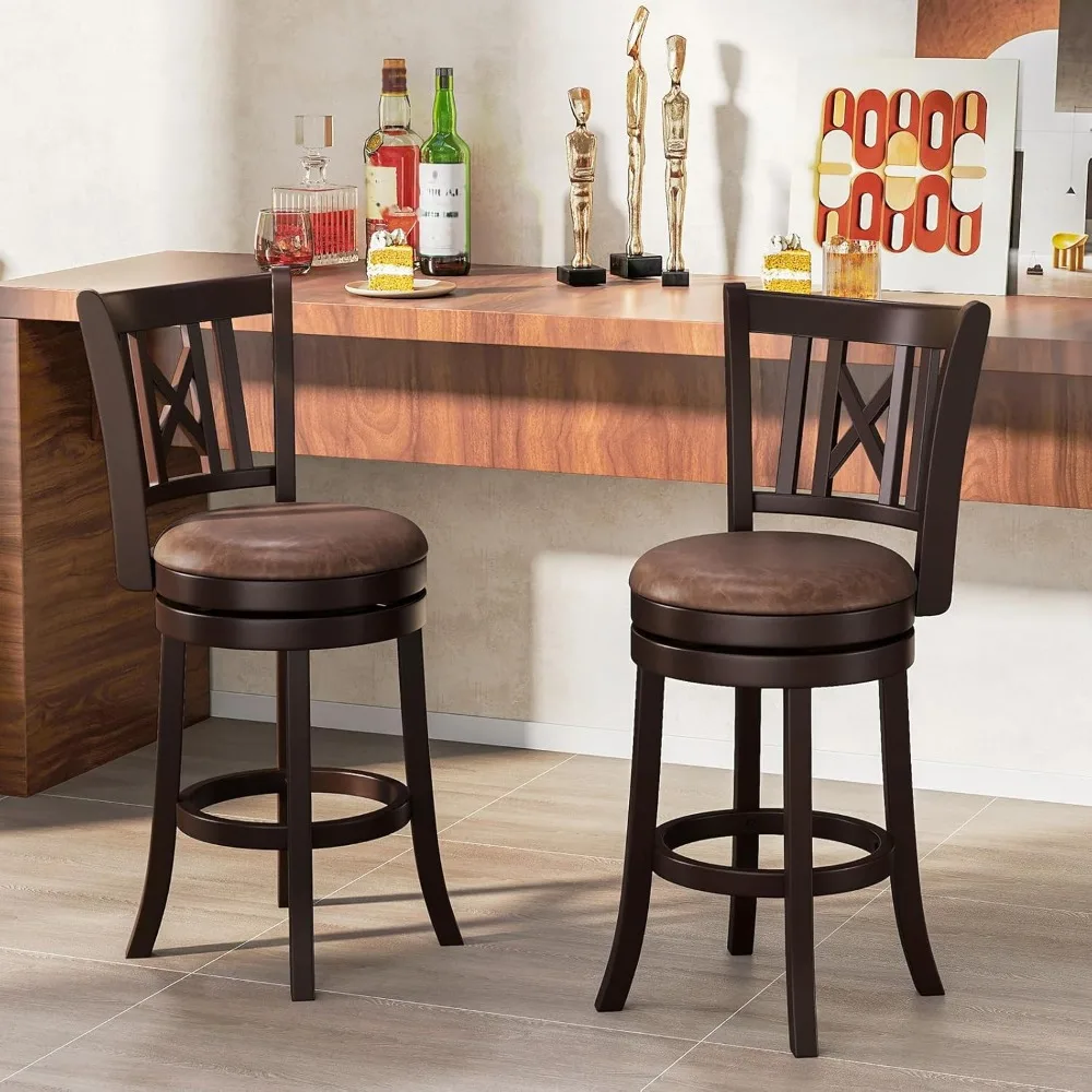 Bar Stools Set of 2, 26” Swivel Bar Chairs with Footrest, Rubber Wood Frame & Hollowed Backrest, Leathaire Counter Heigh