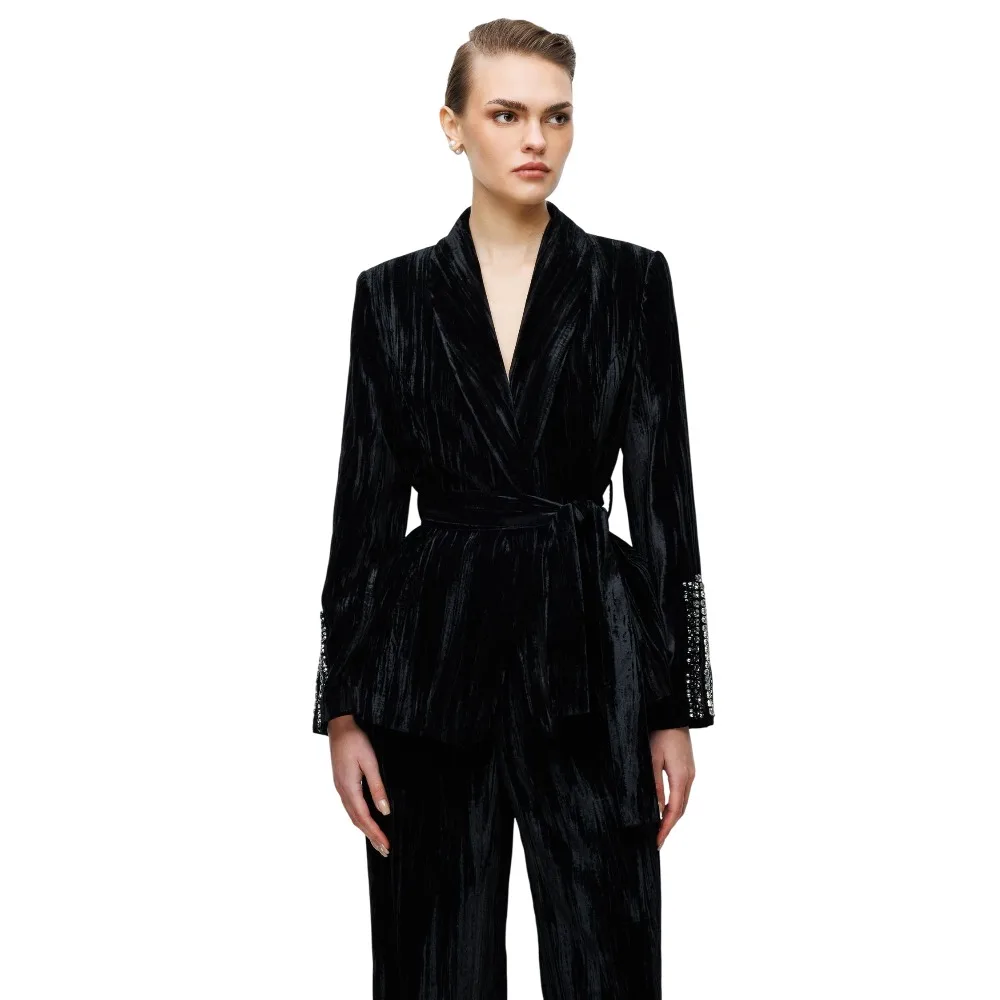 Elegant Women's Evening Dresses Beads Suit Gowns Shawl Collar Jacket and Pants For Female Satin 2 Pieces Suit Customized W7312