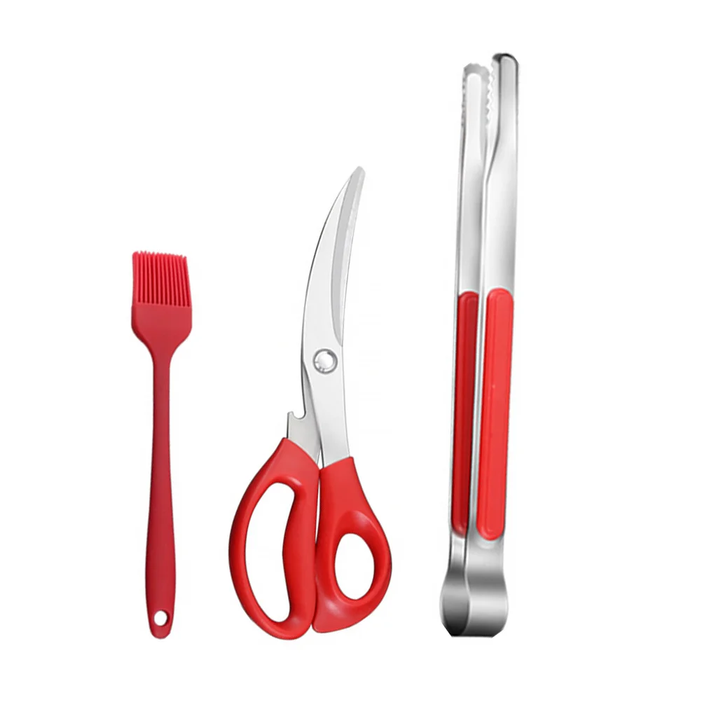 

3Pcs Barbecue Scissors Clip Tong Brush Set Durable Stainless Steel Grilling Tools Kitchen Gadgets Bbq Food Clip Multifunctional
