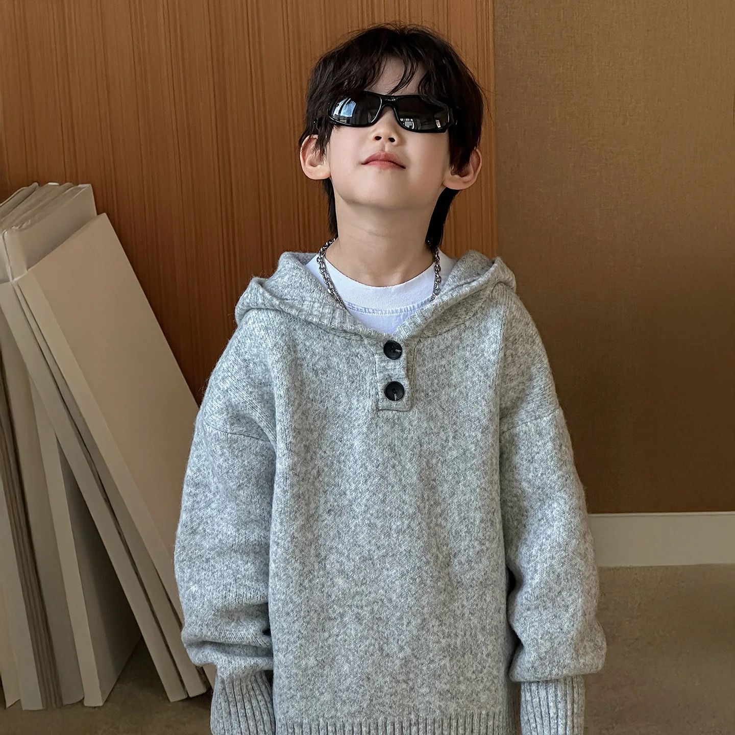 

Boys' Sweater Children's Autumn 2025 New Hooded Autumn Collection Children's Clothing Pullover Knitted Top Simple And Versatile