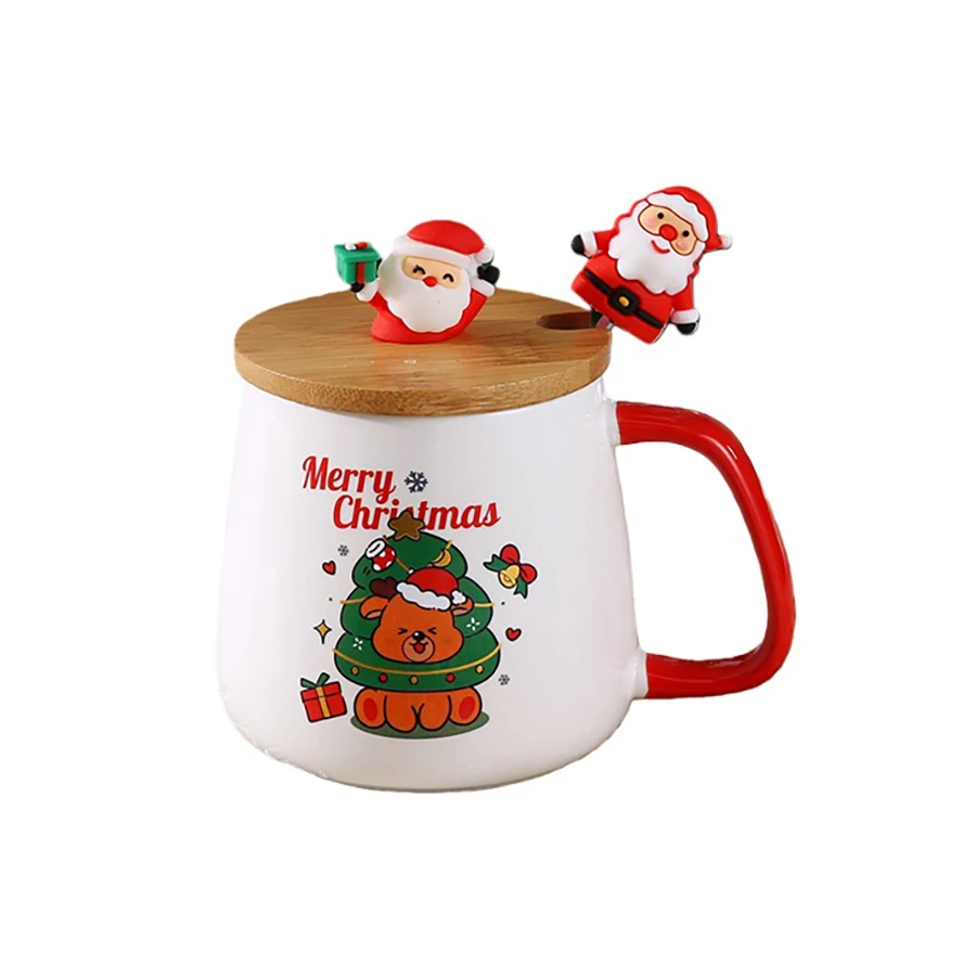 Christmas Ceramic Coffee Mug Ceramic Mug with Lid and Spoon Santa Claus and Reindeer Pattern Coffee Mug with Gift Box