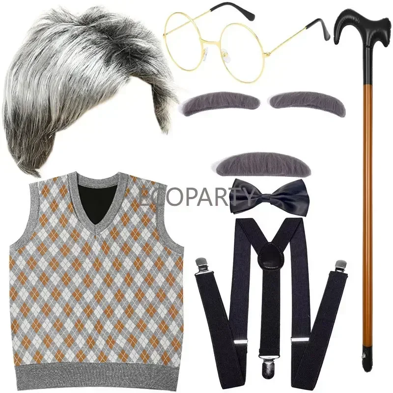 2023 Old Man Costume for Kids 100 Days of School Costume for Boys with Old Man Hat Old Person Glasses Costume Cane Grandpa Vest