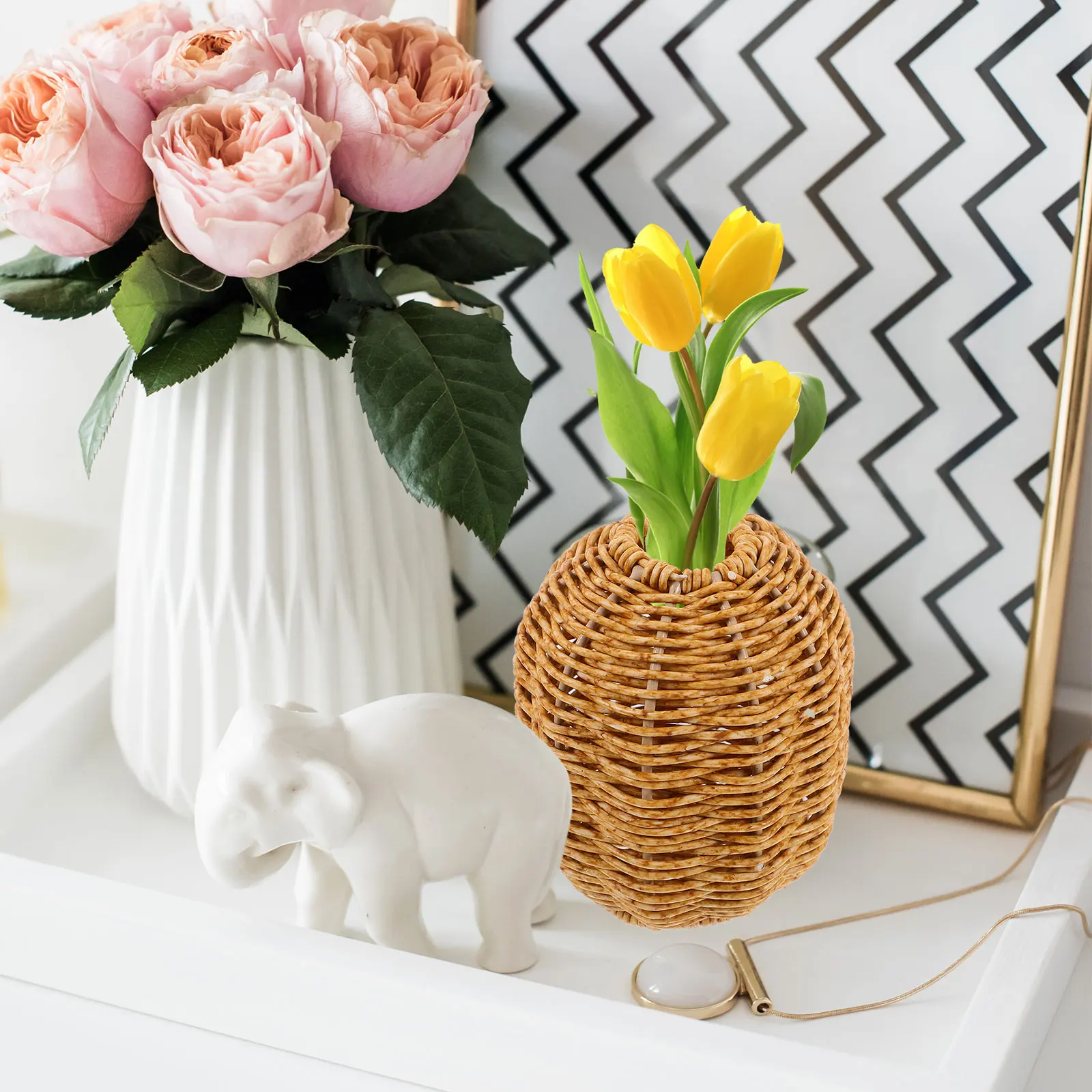 

1pc Vintage Woven Flower Vase Decorative Container For Dried Fake Flowers Home Office Wedding Decoration Simple Elegant Plastic