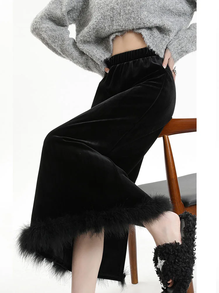 

Black Long Skirt Women Autumn Winter Elegant High Waist Velvet Skirts Female Korean Fashion Feathers Patchwork Slim Split Skirts