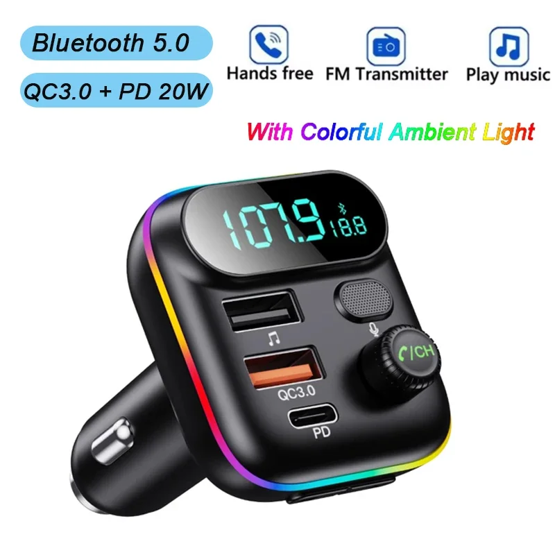 Car Bluetooth 5.0 FM Transmitter QC3.0 PD Type C Dual USB Car Charger Ambient Light Fast Charging Adapter With Voltage Display